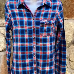 Vintage Hollister Y2K Button Down Flannel Shirt Women’s Medium Navy Red Green